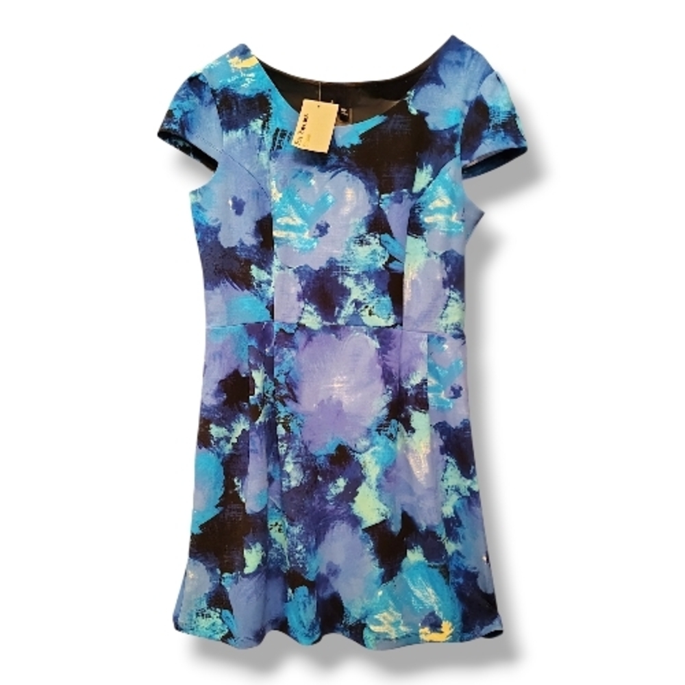 Enfocus Studio Blue, Purple and Black Floral Women's Dress Size 12 Petite NWT